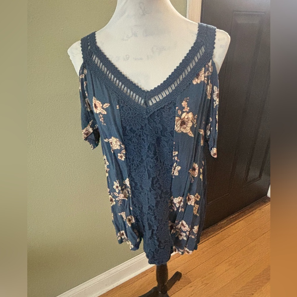 Blue and Orange Asymmetrical Short Sleeve Blouse